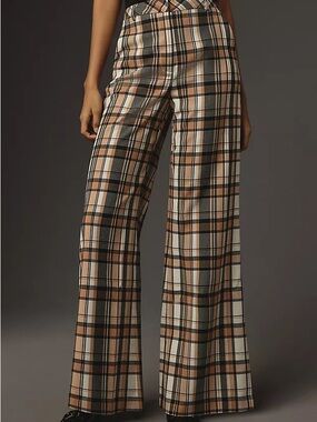 Maeve High-Rise Wide-Leg Plaid Pants in Tan and Black 8